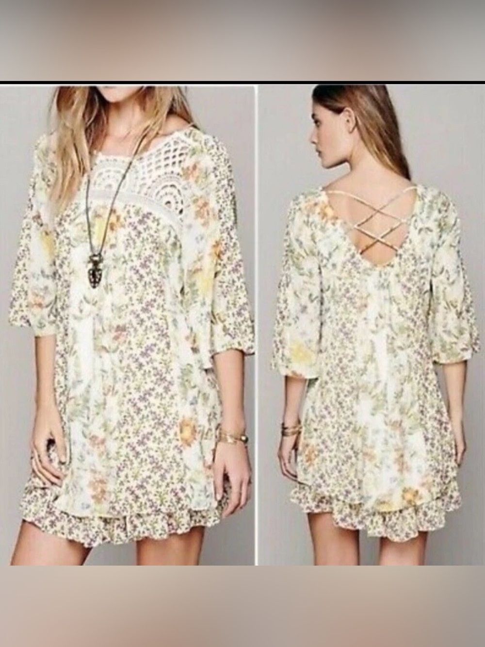 Free People Magic Garden Babydoll Mini‎ Dress Crochet Patchwork Floral Small